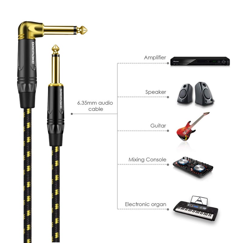 DREMAKE 1/4 Guitar Amp Straight to Right Angel Patch Cord, 15 Feet Quarter Inch Cable Black/Yellow Braided Tweed, Jack 6.35mm 1/4 Inch Guitar Cable for Electric Guitar, Bass, Keyboard to PA Certified - Image 5